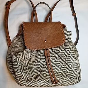 Woven Diamond-Pattern Backpack with Tan Faux Leather Flap